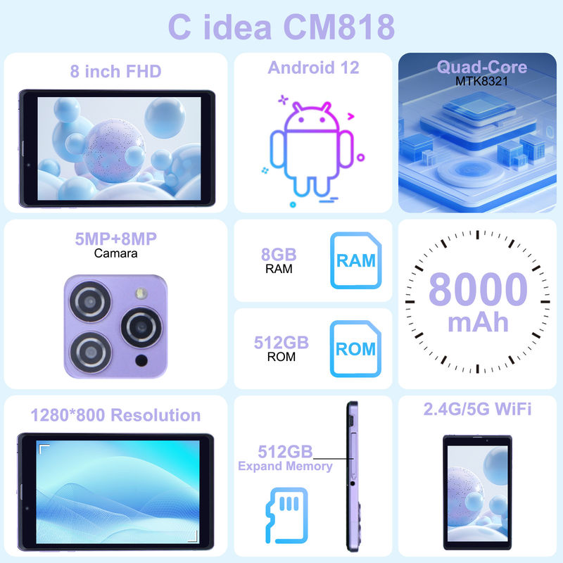C Idea Portable 8 In Android Tablet PC 8GB RAM 512 GB Android 12 Tablet IPS HD οθόνη τετραπλό πυρήνα CM818-Πορφυρό