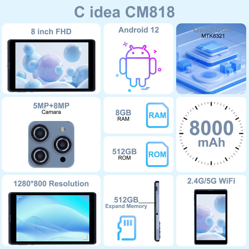 C ιδέα Android Tablet PC Διπλή κάμερα 8 ιντσών 1280x800 IPS HD οθόνη Android 12 Ταμπλέτες για φοιτητές CM818-Grey