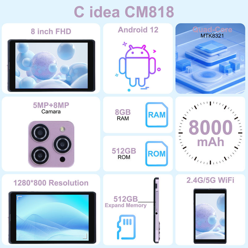 C Idea 8 ιντσών Android 12 Tablet 8000mAh μπαταρία 5+8MP κάμερα 8GB RAM 512GB ROM για εκπαίδευση μάθηση CM818-ροζ