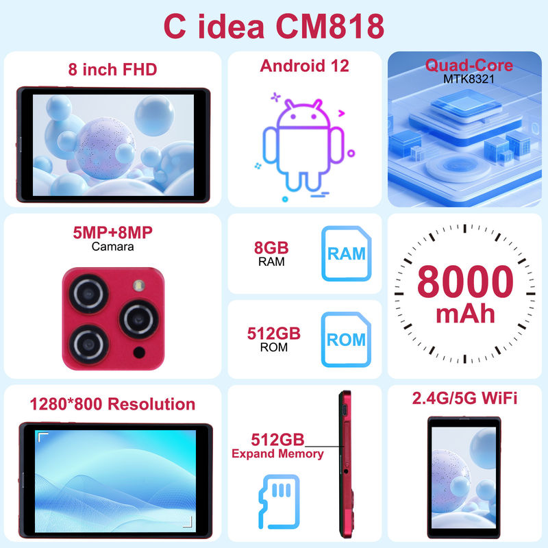 C ιδέα 8 ιντσών Android 12 Tablet 8GB RAM 512GB ROM 8000mAh μπαταρία 5+8MP Κάμερα για φοιτητές με υποστήριξη SIM CM818-κόκκινο