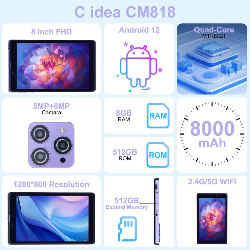 C Idea Portable 8 In Android Tablet PC 8GB RAM 512 GB Android 12 Tablet IPS HD οθόνη τετραπλό πυρήνα CM818-Πορφυρό