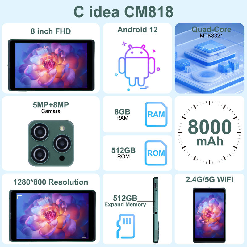 C idea Φορητό 8 ιντσών Android Tablet PC με Android 12 Quad Core CPU 8GB RAM 512GB Αποθήκευση IPS HD οθόνη CM818-Πράσινο