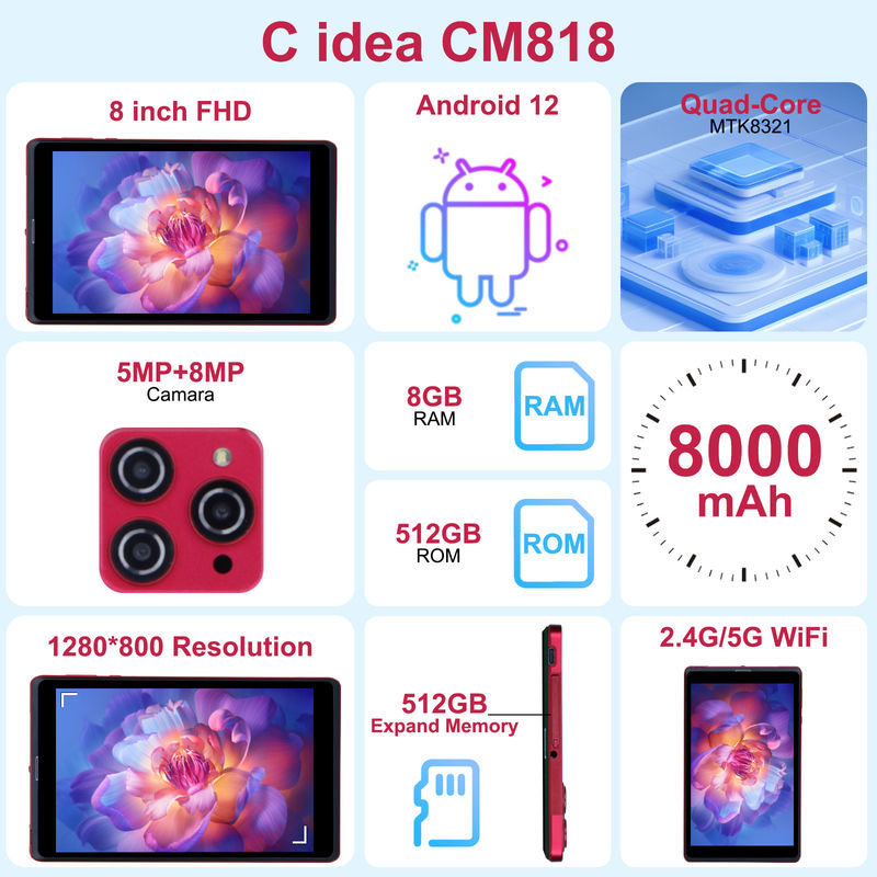 C Idea 8 ιντσών Android 12 Tablet 8GB RAM 512GB ROM 8000mAh μπαταρία 5+8MP Κάμερα για εφήβους με υποστήριξη SIM CM818-red