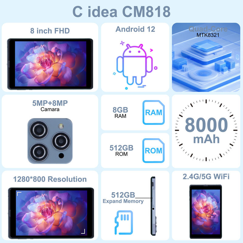 C ιδέα Android Tablet PC Διπλή κάμερα 8 ιντσών 1280x800 IPS HD οθόνη Android 12 Ταμπλέτες για εφήβους CM818-Grey