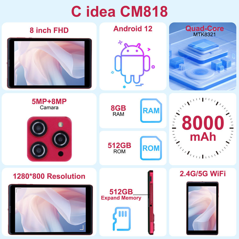 C ιδέα 8 ιντσών Android 12 Tablet 8GB RAM 512GB ROM 8000mAh μπαταρία 5+8MP Κάμερα για φοιτητές με υποστήριξη SIM CM818-κόκκινο