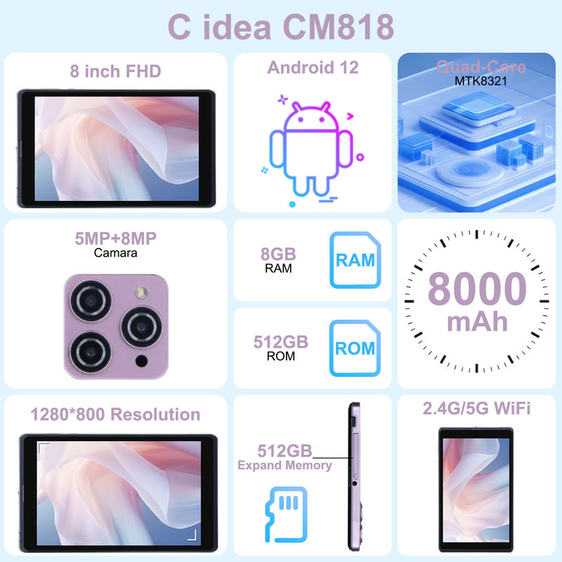 C Idea 8 ιντσών Android 12 Tablet 8000mAh μπαταρία 5+8MP κάμερα 8GB RAM 512GB ROM για εκπαίδευση μάθηση CM818-ροζ