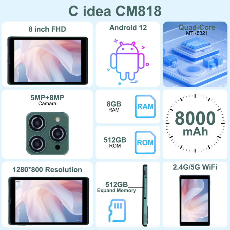 C ιδέα 8 ιντσών Android Tablet PC με Android 12 λειτουργικό σύστημα Quad Core CPU 8GB RAM 512GB Αποθήκευση IPS HD οθόνη CM818-Green