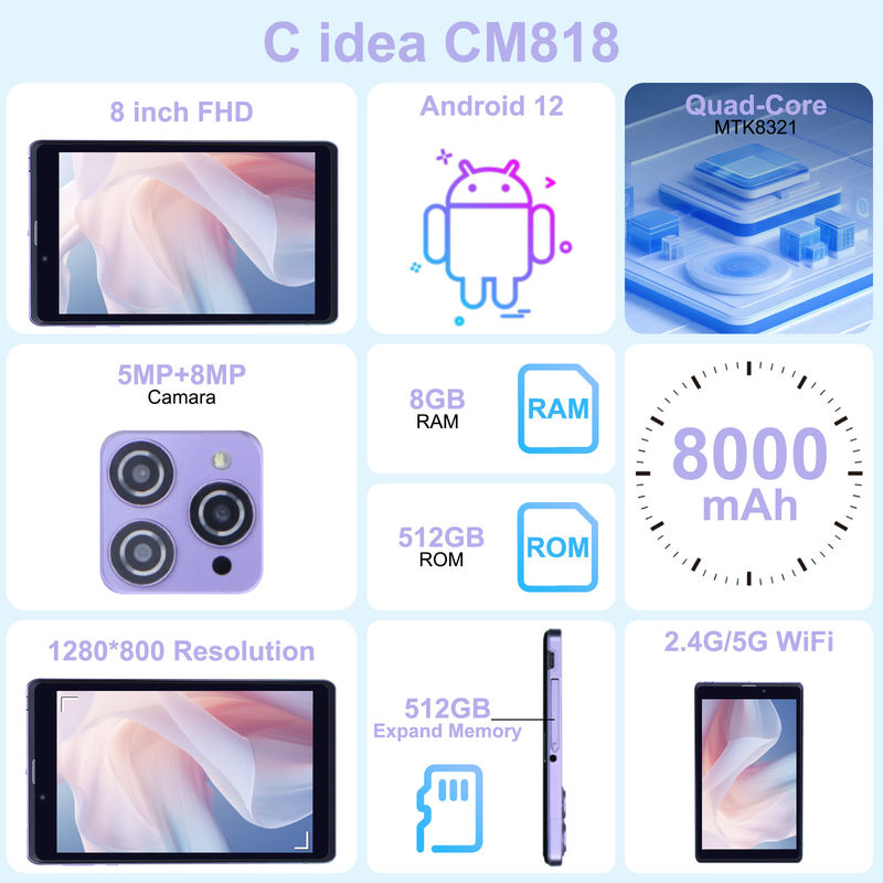C Idea Portable 8 In Android Tablet PC 8GB RAM 512 GB Android 12 Tablet IPS HD οθόνη τετραπλό πυρήνα CM818-Πορφυρό
