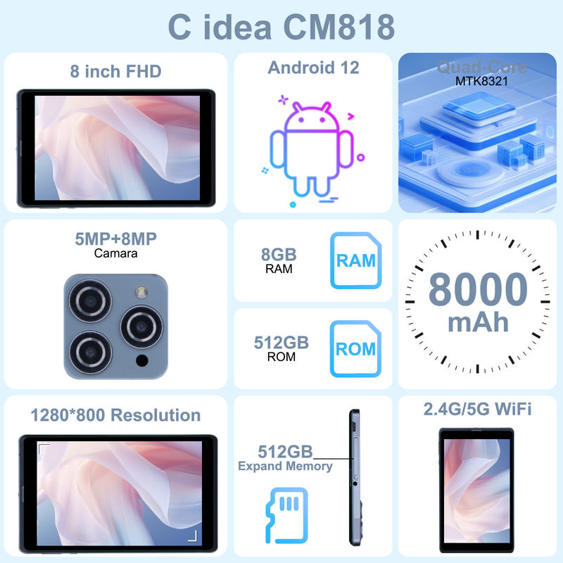 C ιδέα Android Tablet PC Διπλή κάμερα 8 ιντσών 1280x800 IPS HD οθόνη Android 12 Ταμπλέτες για φοιτητές CM818-Grey