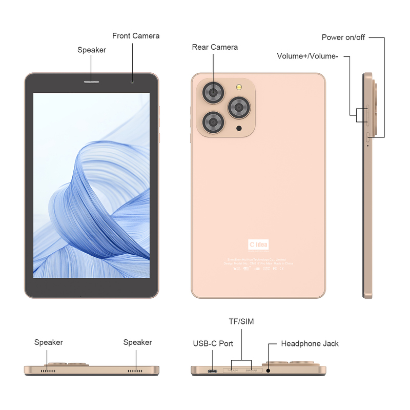 C idea Tablet 8 ιντσών Wifi με 8+512GB Αποθήκευση Τετραπύρηνος Επεξεργαστής 800x1280 IPS Οθόνη Αφής χρυσό CM817 Pro