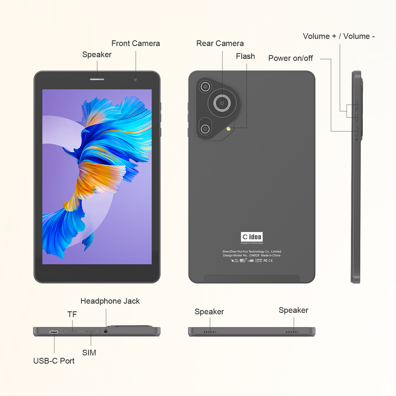 C idea Youth 8 Inch Tablet Android 15 με μαύρη οθόνη φωτός, WiFi, 8GB + 512GB, 800*1280 IPS incell CM828