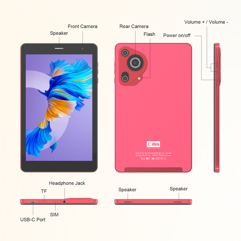 C idea Youth red 8 Inch Tablet Android 15 με υποδοχή κάρτας tf, WiFi, 8GB +512GB, 800*1280 IPS incell CM828