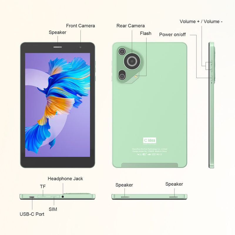 C idea Youth green 8 Inch Tablet Android 15 με υποδοχή για κάρτες tf, WiFi, 8GB +512GB, 800*1280 IPS incell CM828