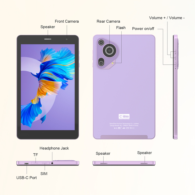 C idea Youth purple 8 Inch Tablet Android 15 με υποδοχή κάρτας tf, WiFi, 8GB +512GB, 800*1280 IPS incell CM828
